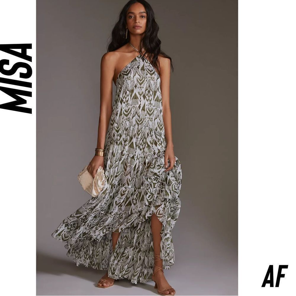 ANTHROPOLOGIE BY MISA PRINTED HALTER MIDI DRESS NWT IN MOSS XS
